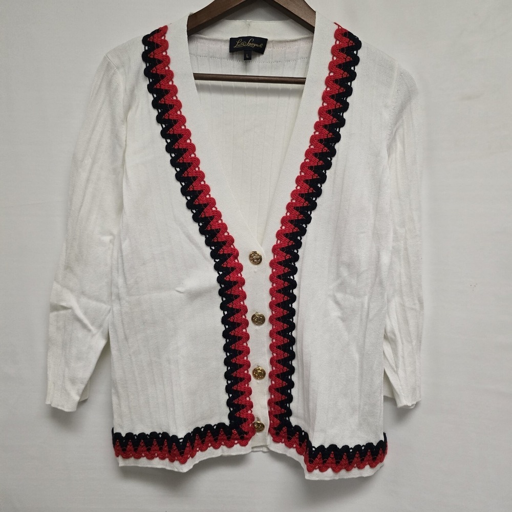 Vintage Luisa Spagnoli Cardigan Sweater Size Large Perugia Italy Cotton Red Blue